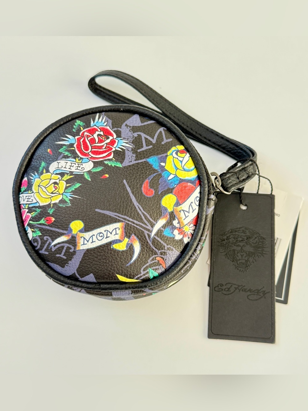 NWT Ed Hardy Black Round Tattoo Floral Wristlet with Red & Yellow Roses - Picture 3 of 4
